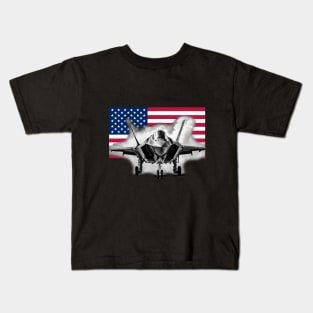 F-35 Fighter Jet with US Flag Background Kids T-Shirt